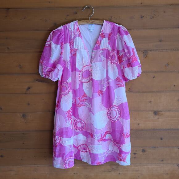 J. Marie Maisie V-Neck Button Dress Small NWOT Pink Floral Preppy Puff Sleeve - Picture 2 of 5